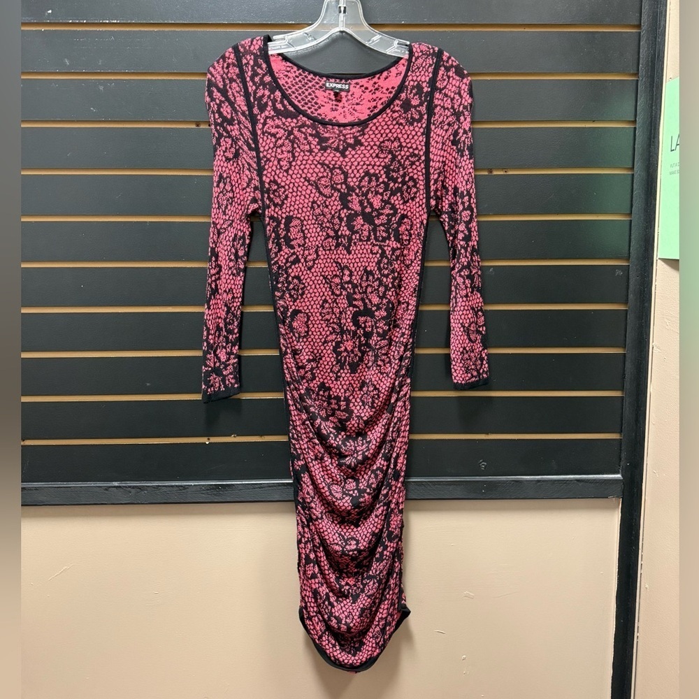 Express Pink & Black Ruched Bodycon Dress Size M